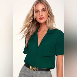 Lulus Dark Green Short Sleeve Button Down Top- Size Medium